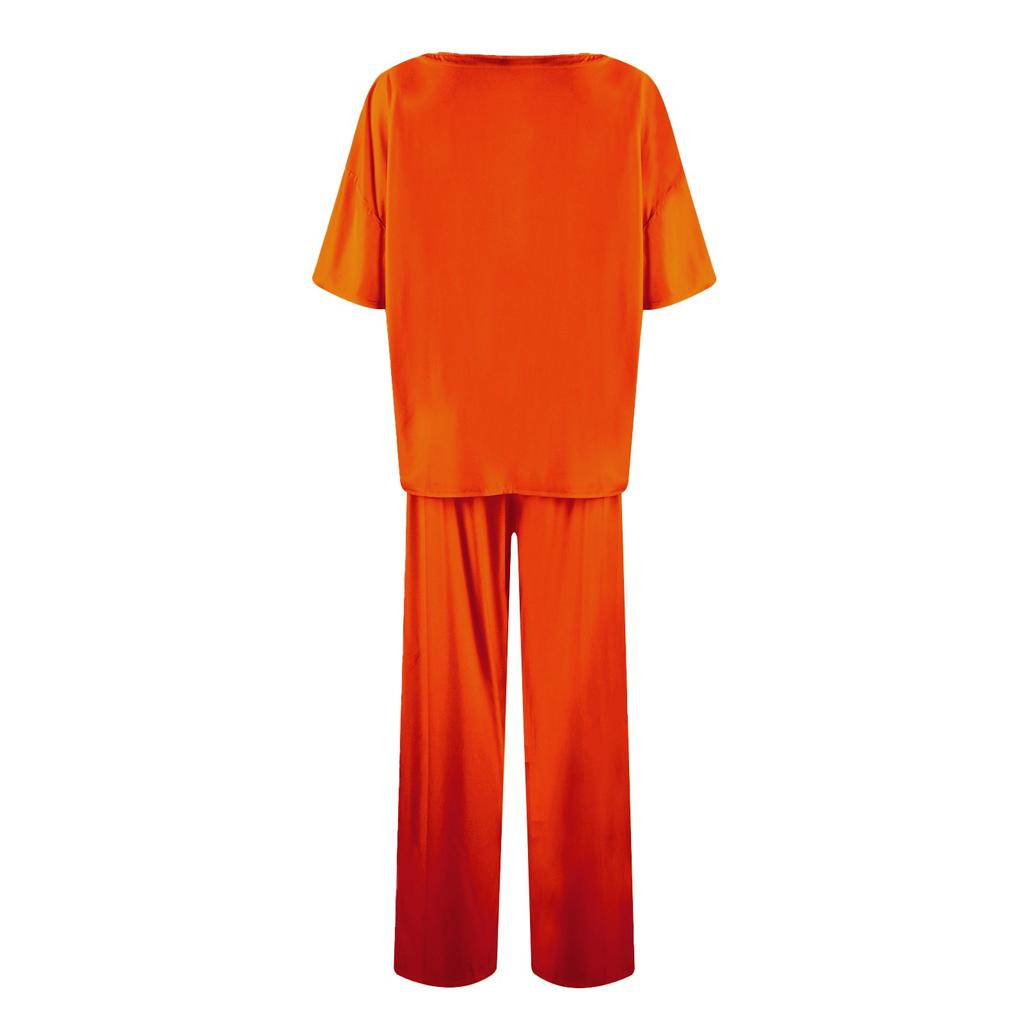 Женский шелковый однотонный пижамный комплект, рубашка с коротким рукавом и длинные пижамные штаны, мягкая пижама, домашняя одежда