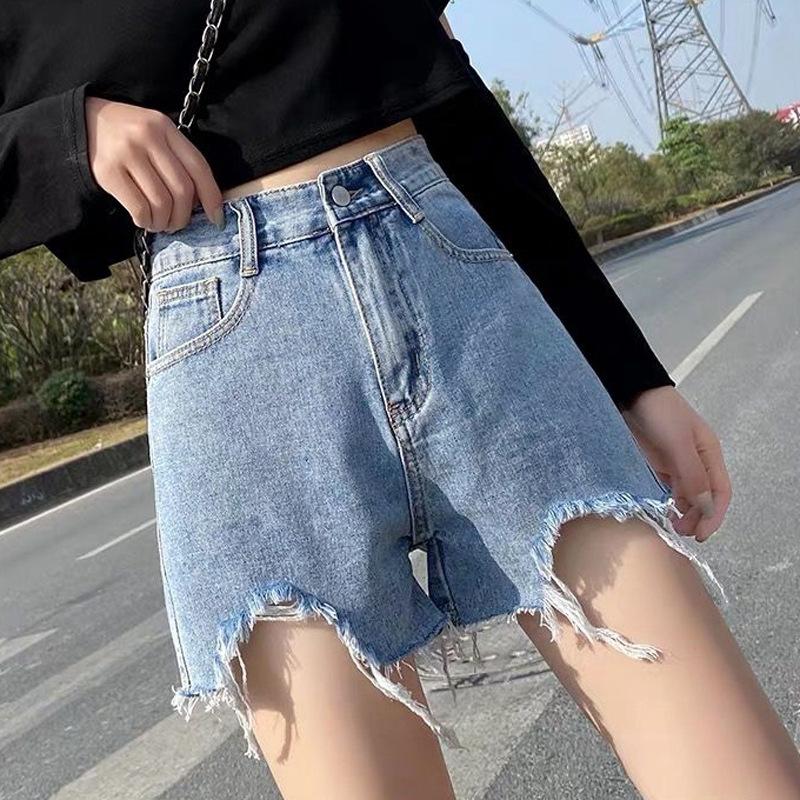 Classic and Minimalist Fashion Versatile Broken Holes Female Summer Light-colored High-waisted Thin Ragged Loose Wide-legged A Word Denim Shorts