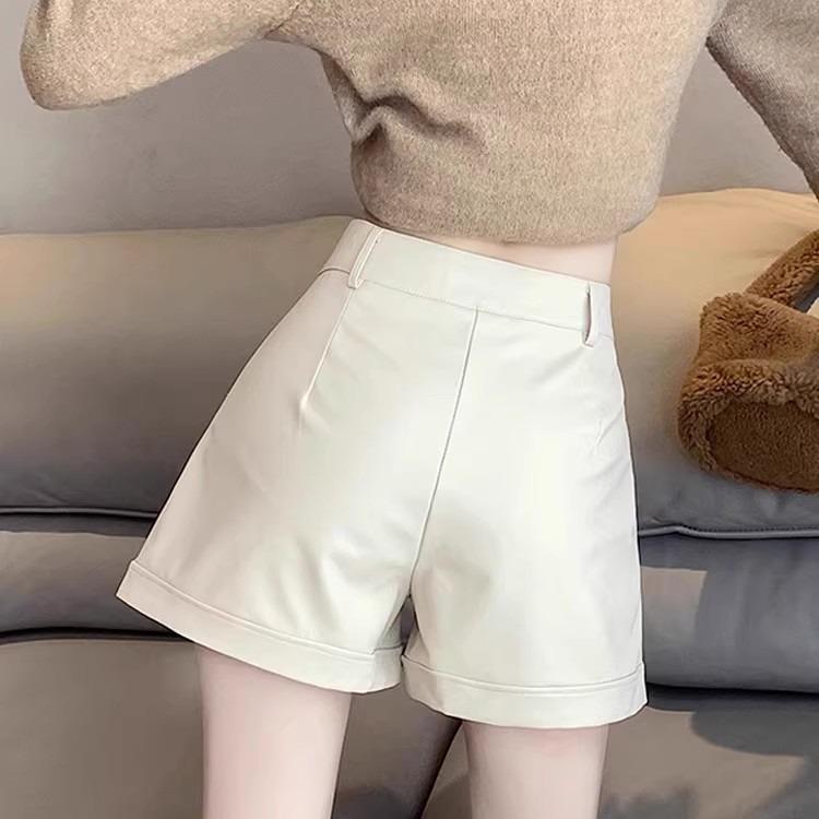 Women's High Waist PU Leather Shorts: Slim, Casual, Wide-Leg Design for Spring, Autumn, and Winter.