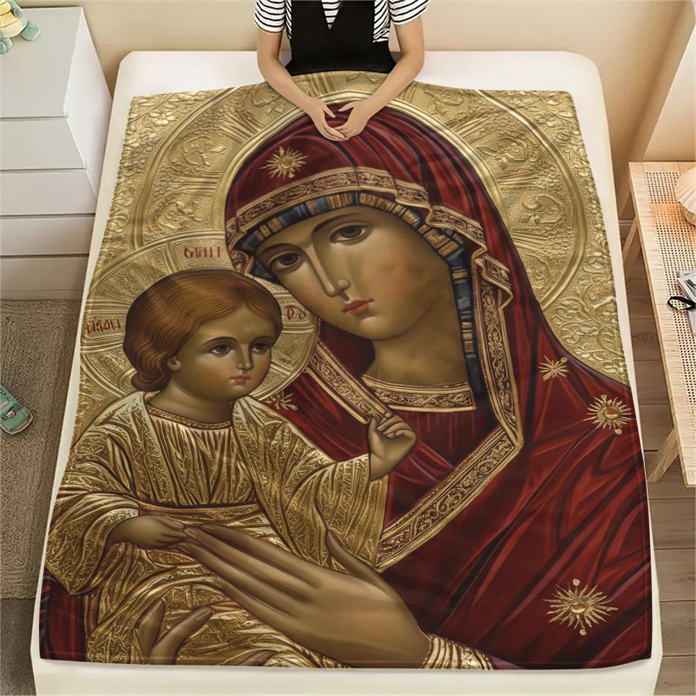1Pc God Print Flannel Blanket, High quality Comfortable for All Seasons, Home Decor, Warmth and Comfort, Perfect for Christmas Gifts