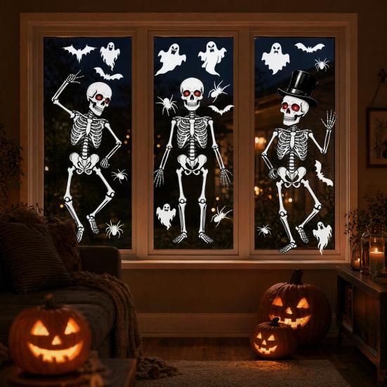 Rent-friendly Glass Decal 3Pcs Halloween Skeleton Stickers, Waterproof PVC Window Clings, Static Decals, Long-lasting Color Removable Stickers