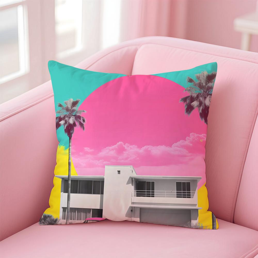 Vibrant Retro California Sunset Colorful Collage Art Cushion Cover Linen Pillowcase Cover Soft Decor For Sofa Home Room