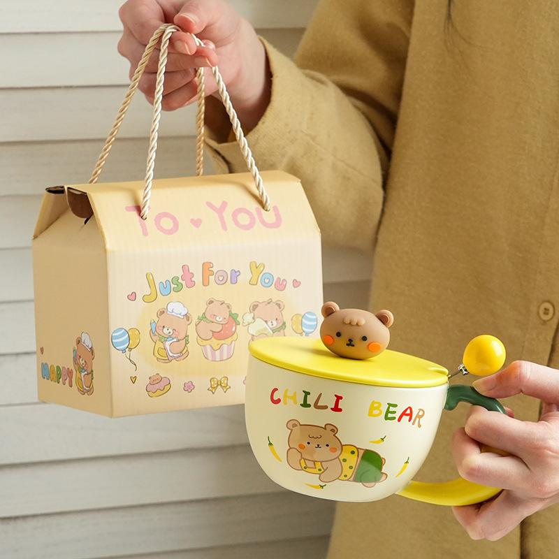 Милая и дорогая керамическая чашка с медведем, крышкой и ложкой, домашний офис, пара, чашка для воды, подарок девушке