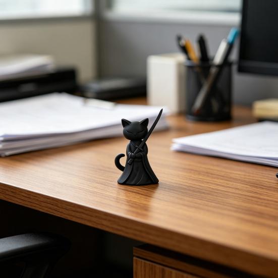 3D-печатная фигурка кота-самурая, держащего длинный меч, статуэтка черного кота, мультяшное животное, украшение для дома и офиса, подарки для любителей кошек