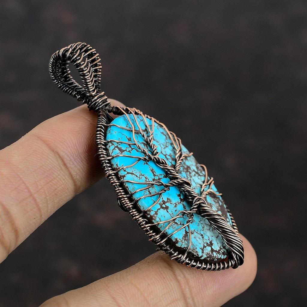 Кулон Древо Жизни с тибетской бирюзой, обмотанный медной проволокой, кулон ручной работы, медные украшения в подарок, кулон с драгоценным камнем для женщин