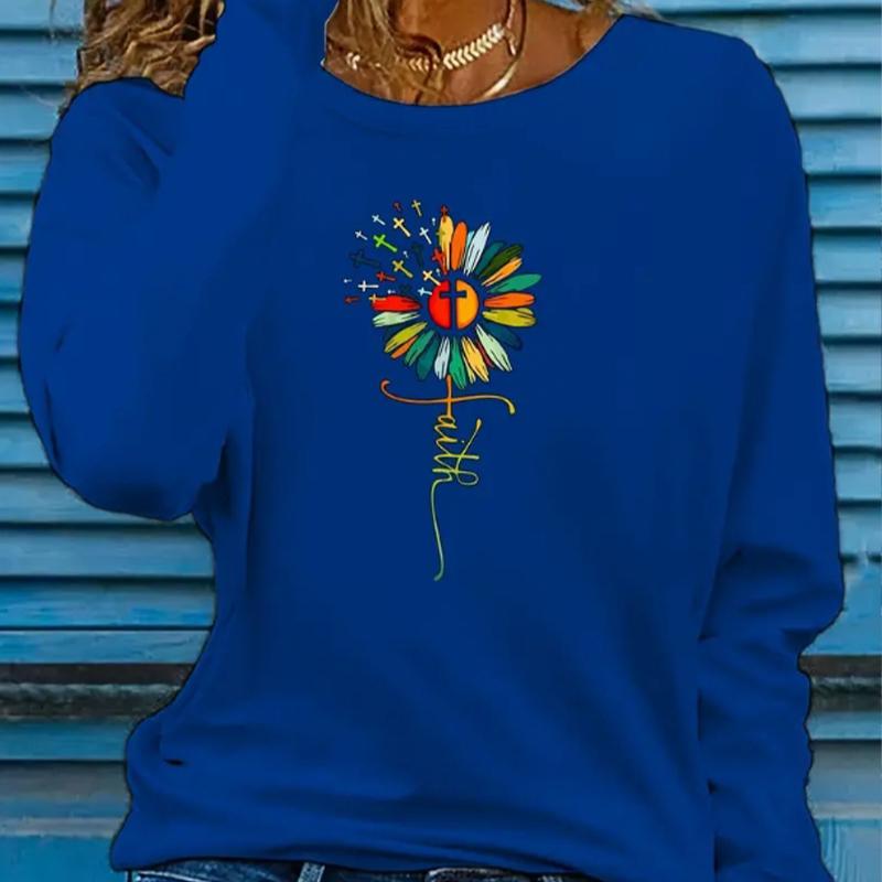 Топы для женщин с цветным принтом в виде букв и цветов, с круглым вырезом и длинным рукавом, осенняя повседневная тонкая кофта-пуловер для женщин с длинным рукавом