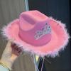 Cowgirl Hat Rhinestone Crown Decor Furry Ripped Edge Windproof Chin Rope Large Brim Sun
