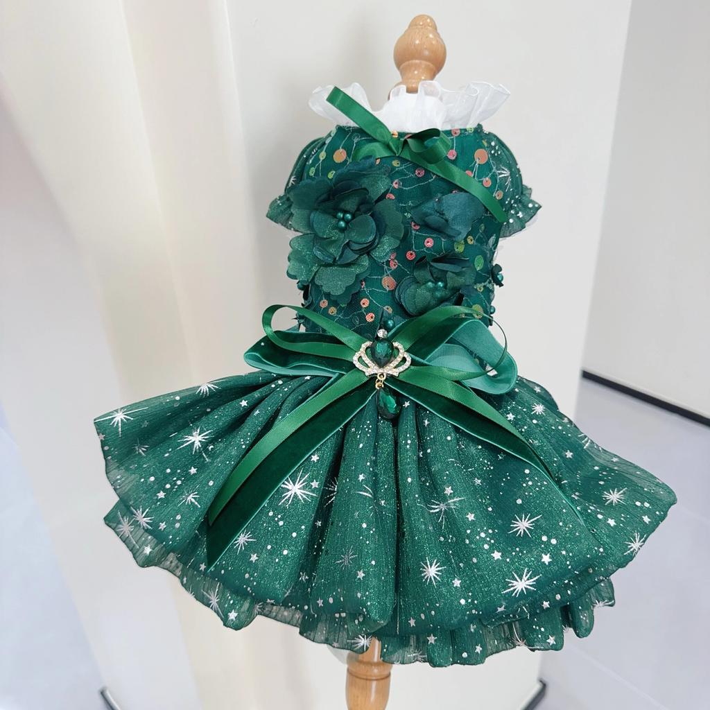 Christmas Puppy Dog Skirts Clothing Fashion Luxury Handmade Crystal Bow Flower Princess Dress For Small Medium Dogs Pet Clothes