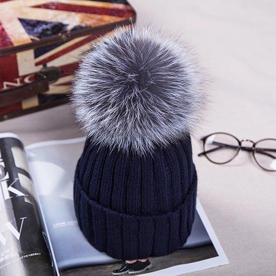 Detachable Faux Mink Silver Fox Fur Ball Cap Pom Poms Winter Hat for Women Girl 's Hat Knitted Beanies Cap
