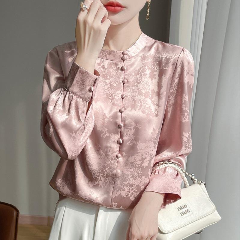 Женская шелковая рубашка из сатина с жаккардовым узором Весна Лето Новая с круглым вырезом с длинным рукавом Стильная и удобная рубашка
