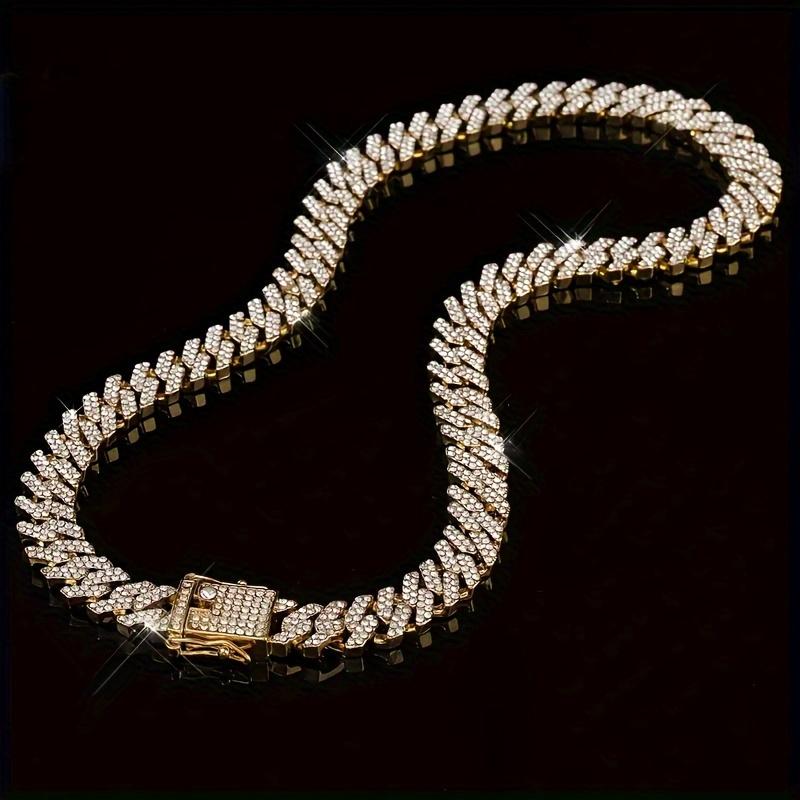 Bling Dog Collar Necklace with Cuban Link, Top Safety Lock, and Faux Diamond Rivets, for Medium To Large Dogs