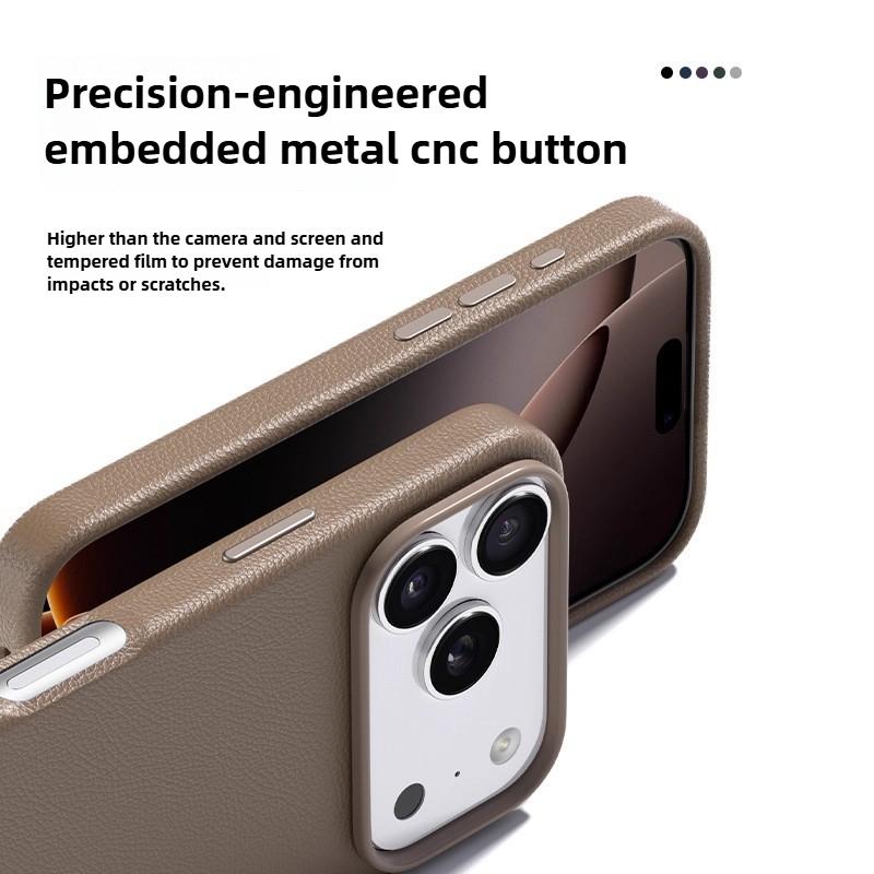 Plain Leather Phone Case for iPhone 17 Pro Max 17Air Wireless Charging Built in Chip&Magnetic Animation Metal Button Back Cover