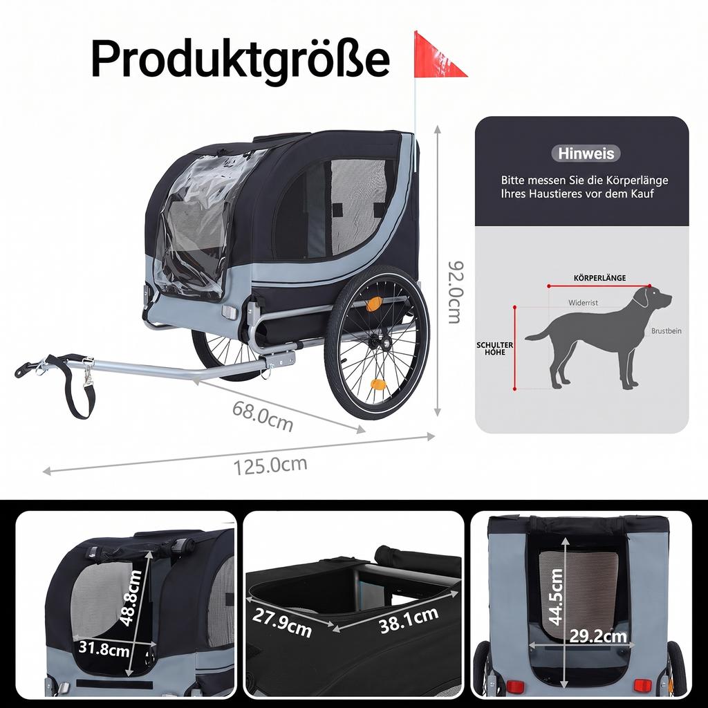 Dog Bicycle Trailer (up to 40 kg) Grey-Black with Safety Swivel Coupling, Bicycle Cargo Trailer with Mosquito Net & Rain Cover