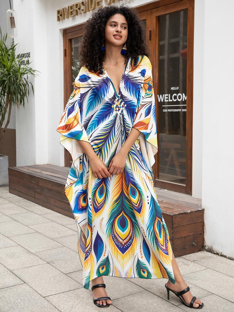 EDOLYNSA Зеленый богемный женский кафтан, расслабленное длинное платье, купальник, накидка, домашний халат Moo Moo Платье для отдыха на пляже Q1634