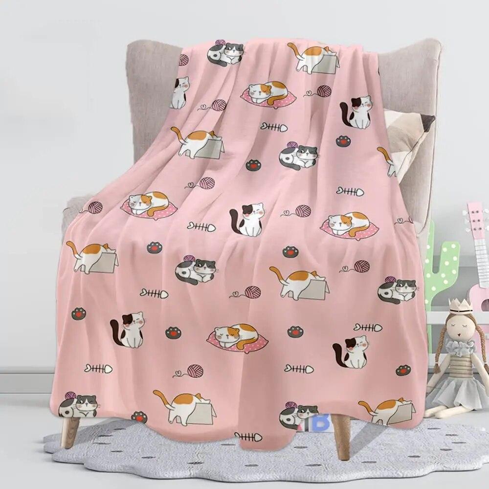 Cute Cat Kawaii Animal Design Flannel Throw Blanket Lightweight Warm Cozy Gifts for Kid and Adults Gift Suitable Couch Bed Chair