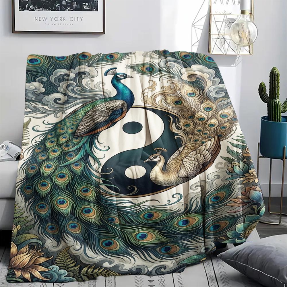 1Pc Peacock Print Flannel Blanket, High quality Comfortable for All Seasons, Home Decor, Warmth and Comfort, Perfect for Christmas Gifts W119
