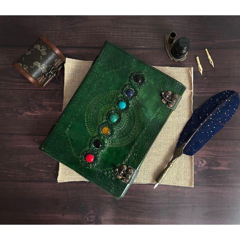 Кожаный журнал с семью камнями, ручная работа с тиснением, винтажный кожаный переплет, зеленый блокнот, альбом для рисования, дневник, лучший подарок для него