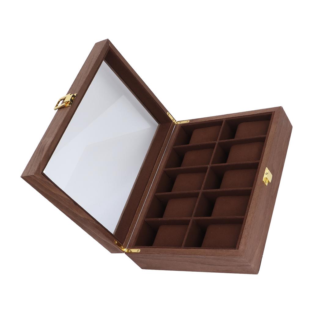 10 Grid Wooden Watch Box Transparent Cover Watch Jewelry Storage Organizer Container Box