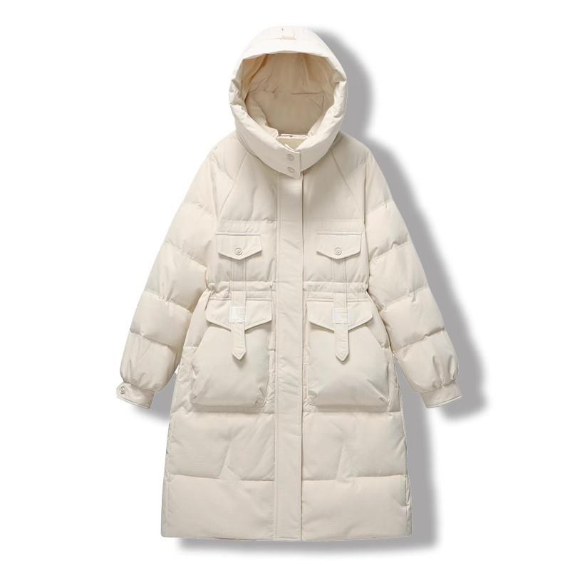 Текстурная длинная куртка-пуховик женская зимняя 2025 года, новая модная теплая белая куртка-пуховик с капюшоном до колена