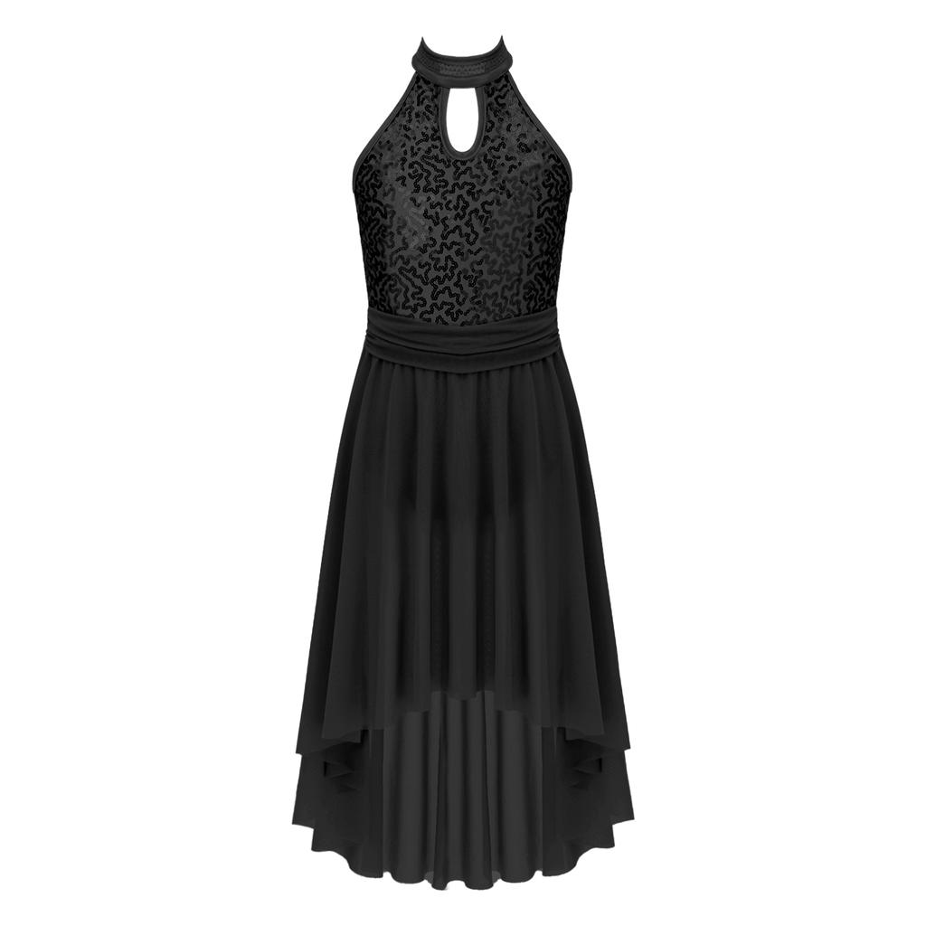 Танцевальное платье для девочек без рукавов с открытой спиной, круглым вырезом, блестящими пайетками, неровным подолом, дизайном вуали