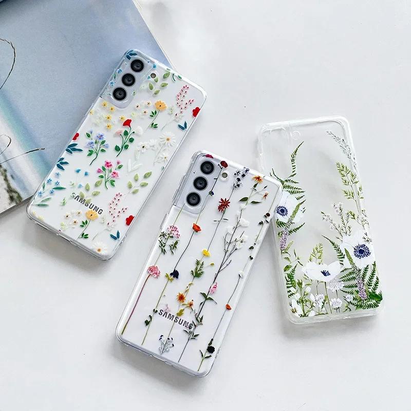 Милый Чехол для Телефона с Рисунком Цветов для Samsung S25 S24 S22 S21 FE Ультра Прозрачные Силиконовые Чехлы для Samsung Galaxy S23 Plus Ultra