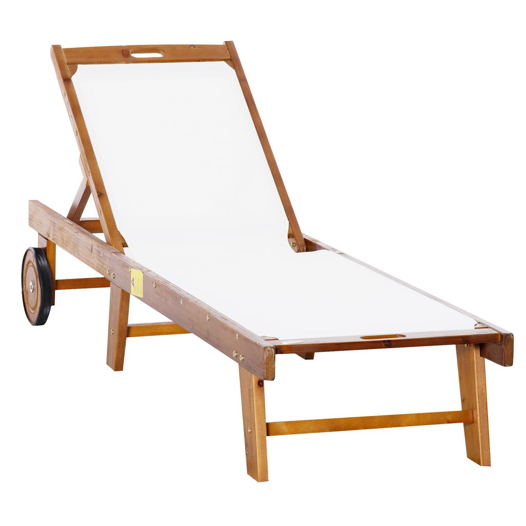 Outdoor Acacia Wood Texteline Beach Sun Lounger Garden Patio Sunbed Recliner Chaise Adjustable Backrest With Wheels