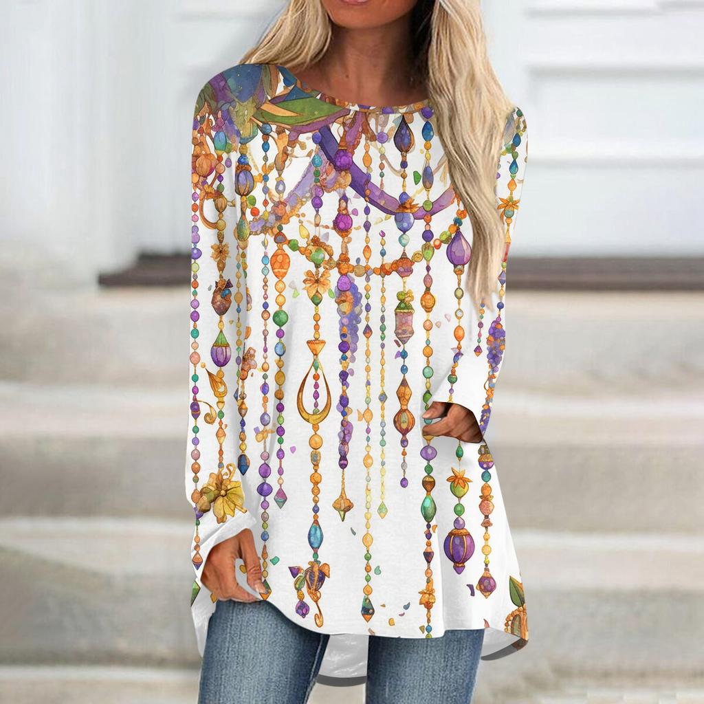 Women's Fashionable Round Neck Raglan Long Sleeved Carnival Printed Casual Pullover Top