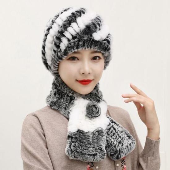Winter Knitted Natural Fur Hats Scarves Sets Women Warm Real Rex Rabbit Fur Hat Scarf Lady Fashion Thick Rex Rabbit Fur Hat
