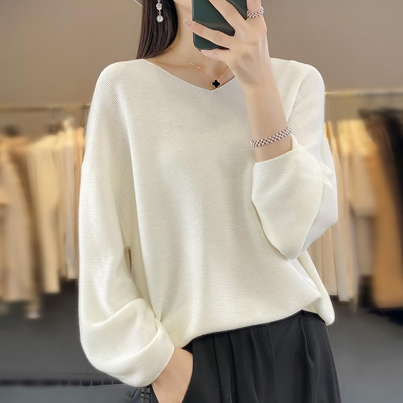 Женский тонкий вязаный свитер с v-образным вырезом, свободная большая версия ленивого свитера