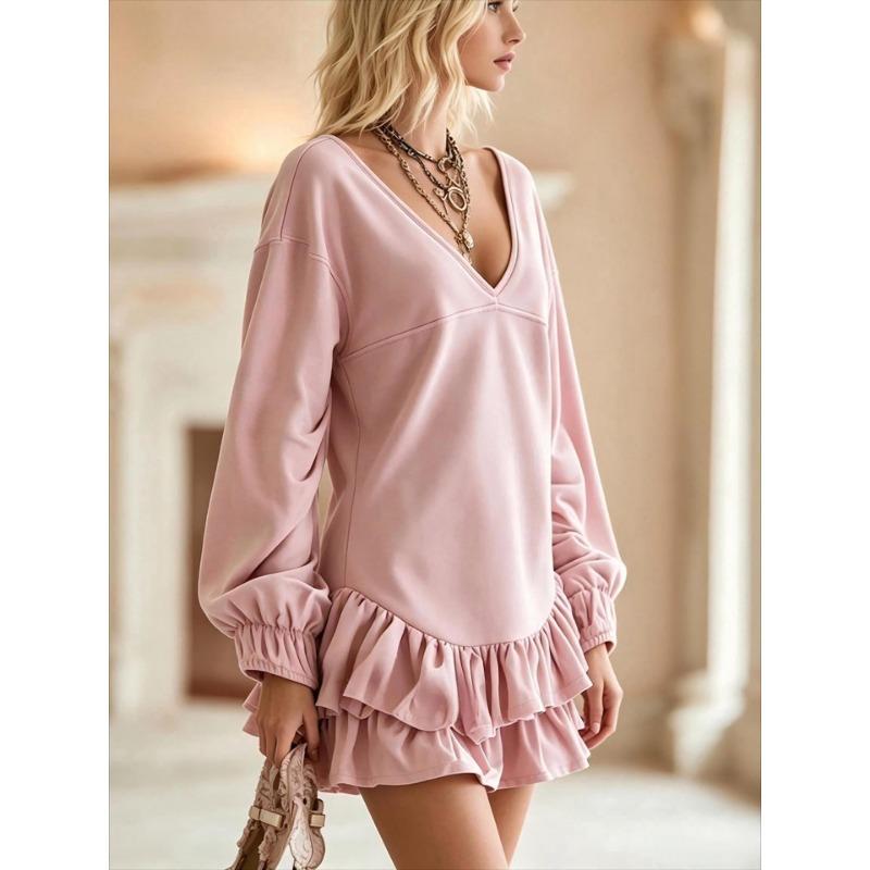 Women S Pink V Neck Ruffled Lantern Sleeve Short Sweatshirt Dress