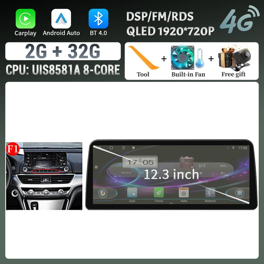 Android 14 12,3-дюймовый экран для Honda Accord 10 2018 2019 2020 2022 Автомагнитола Мультимедиа Навигация 4G Беспроводной BT CarPlay Стерео
