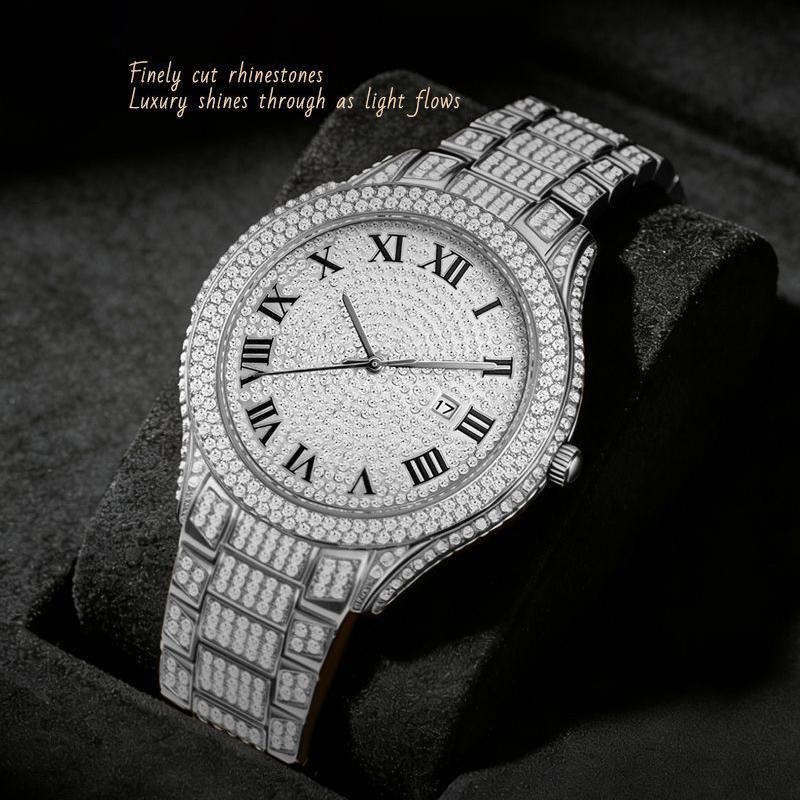 Mens Diamond Watches Quartz with Date Display Zinc Alloy Daily Waterproof Hip Hop Luxury Watch