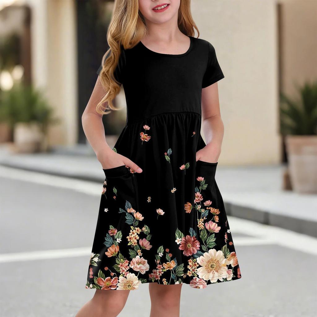 Children's Skirt Round Neck Short Sleeve Princess Dress Fashion Casual Pocket Dress For Girls