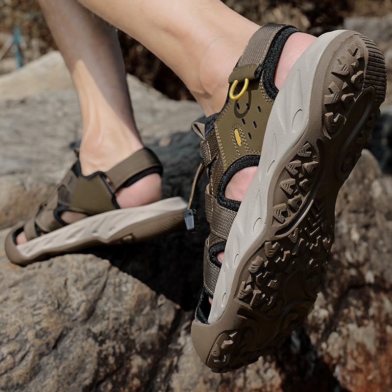 Summer Men's Hollow Leather Beach Sandals Toe Cap Outdoor Sports Shoes Handmade Mesh Shoes