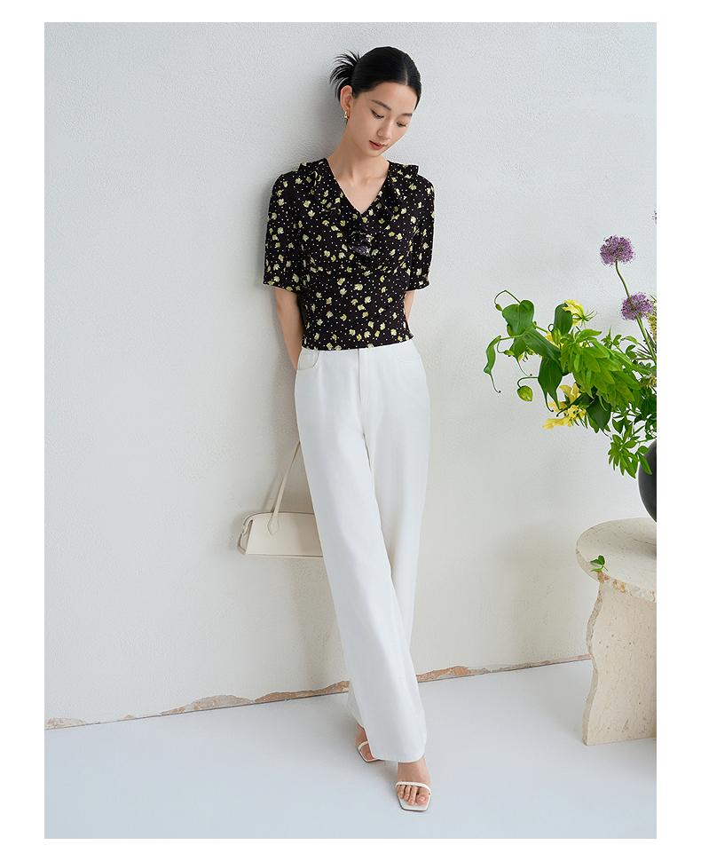 JUZUI elegant temperament lotus leaf V-neck printed top women's summer new item