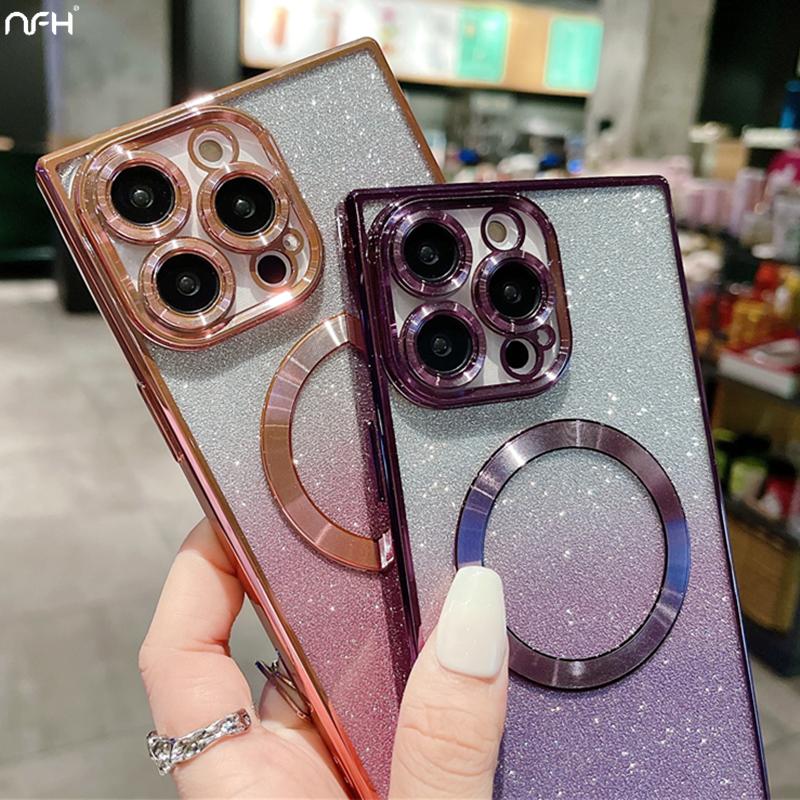 For iPhone 15 Pro Max Luxury Plating Magsafe Magnetic Frame Glitter Phone Case For iPhone 11 12 13 14 15 16Plus Protective Cover