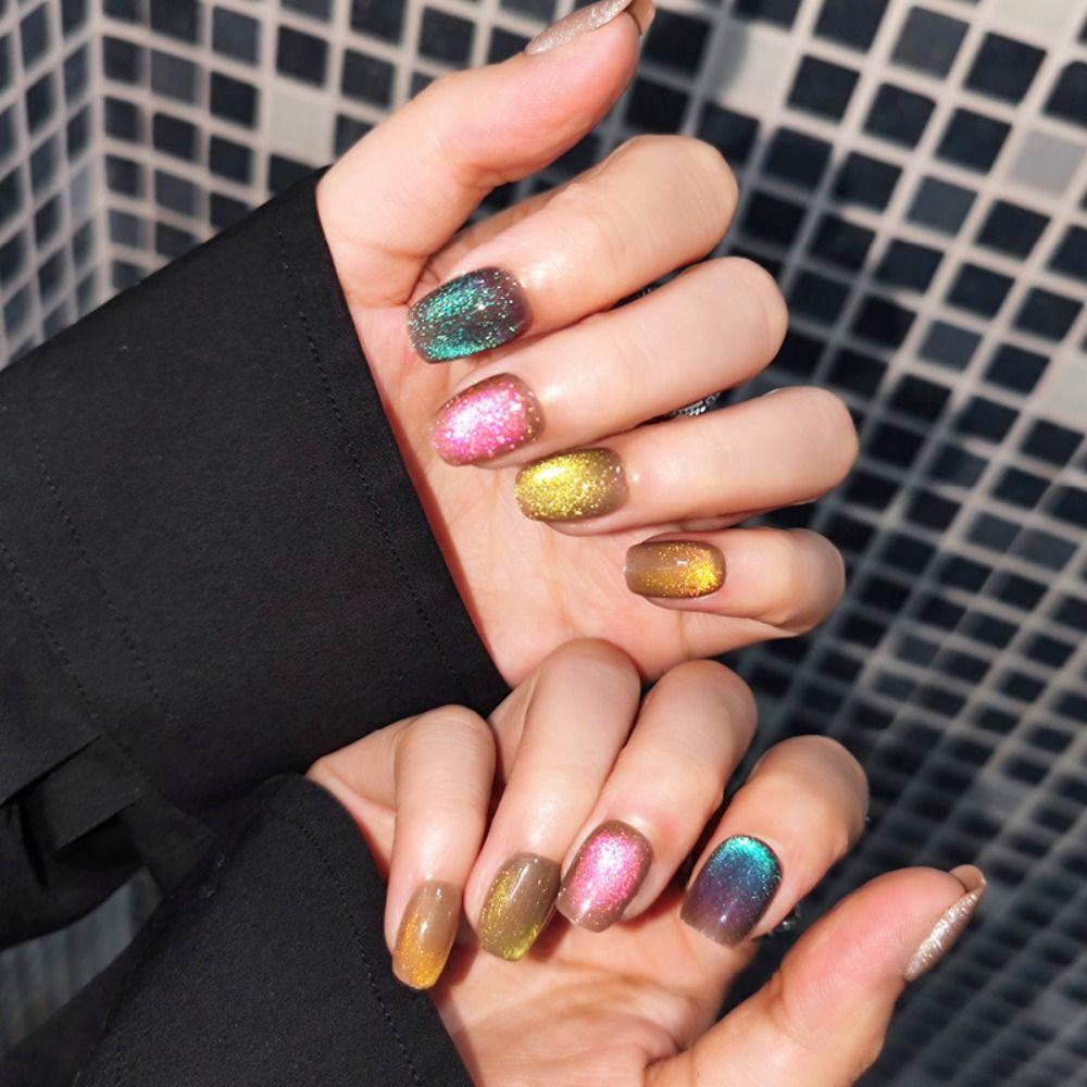 24PCS Short Fake Nails Cat Eye Artficial Nails Reusable False Nails  DIY Manicure Art
