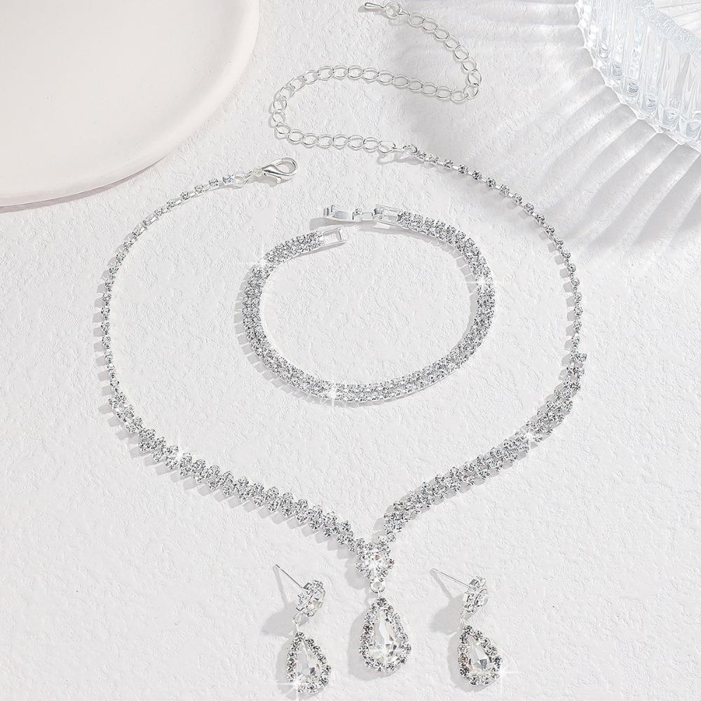 Zinc Zinc Alloy Necklace Earnail Set Round Droplet Wedding Rhinestone Set Luxury Bracelet Girls