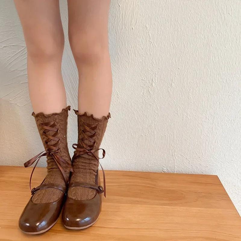 1 Pair Fashion Design Kids Girl Sock Korean Lace Bow Ribbon Ruffle Calf Sock for Children Autumn Spring Wool Cashmere Sock