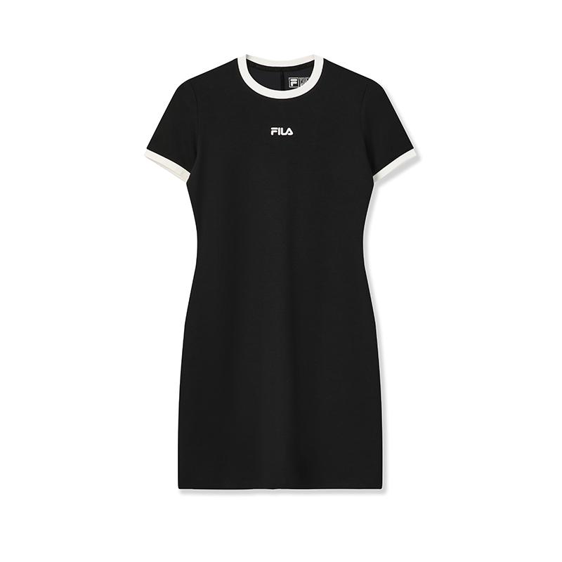 Fila Оригинальное модное платье с цветовыми блоками по краю, простое, классическое, ретро, повседневное, универсальное, удобное, с круглым вырезом, облегающее, с коротким рукавом, F51W629301FBK