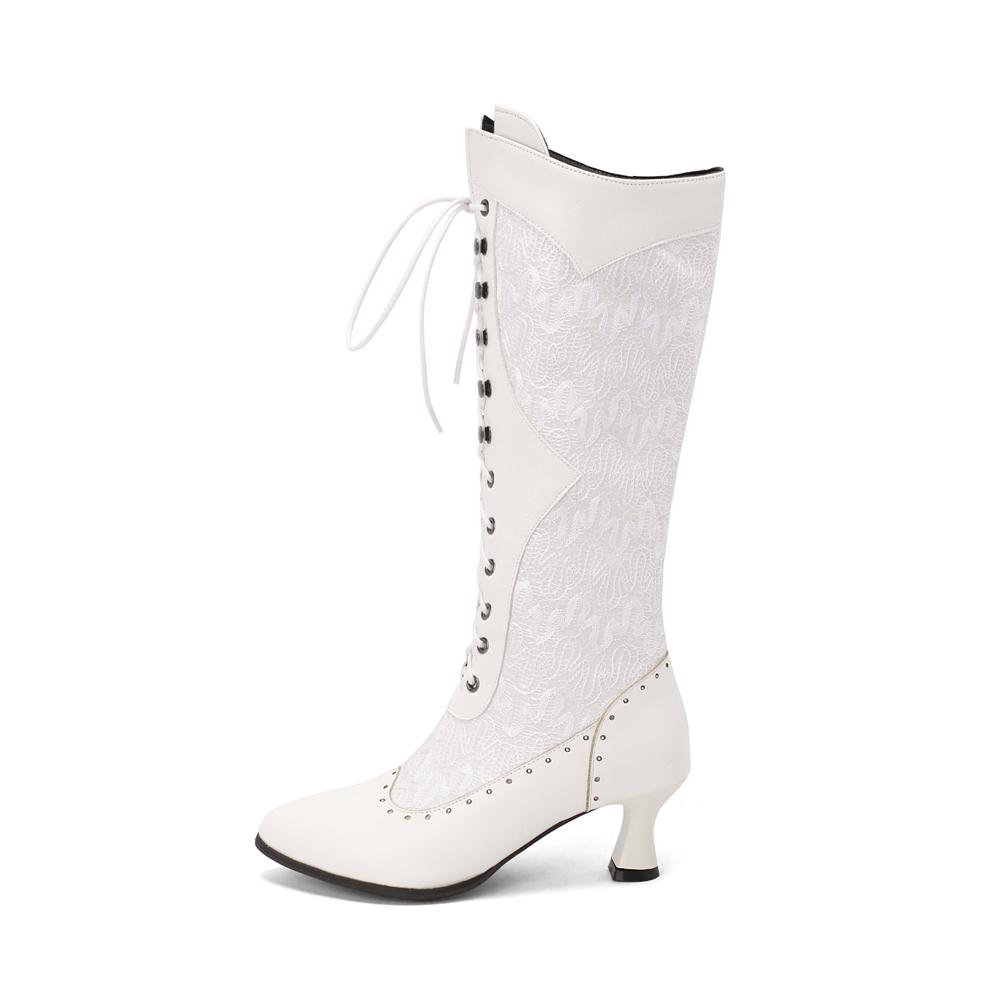 Модные женские викторианские ботинки до середины икры с острым носком, кожаные, с кружевной перфорацией, панк, на шнуровке, странные, стимпанк, на высоком каблуке, большие размеры 32-43