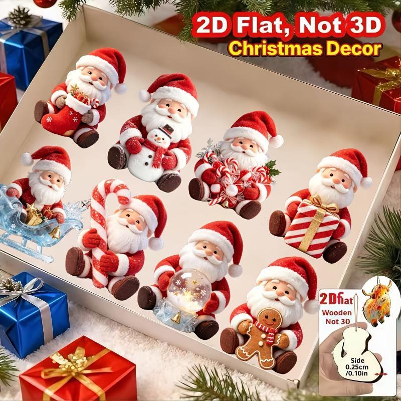 2D Christmas Wooden Gingerbread Man Santa Claus Pendants 8Pcs for Xmas Tree Home Holiday Party Decor Gifts