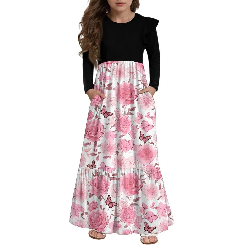 Girls' Tiered Ruffle Dress - Long Sleeve Printed Maxi With Pockets