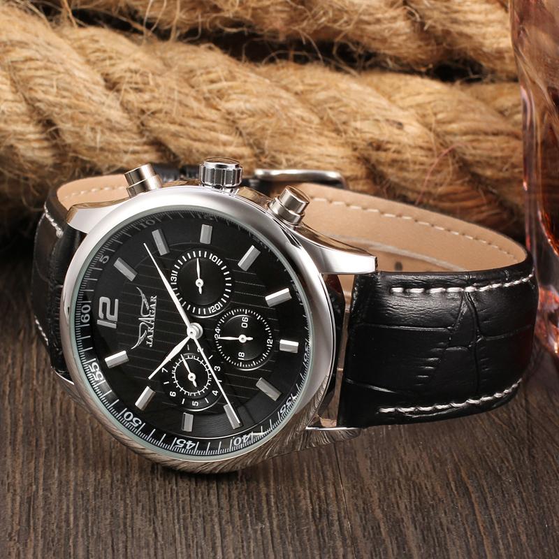 JARAGAR Classic Men's Watch Automatic Mechanical Self-Wind Day Date 24 Hour Genuine Leather Strap Business Wristwatch Male Clock