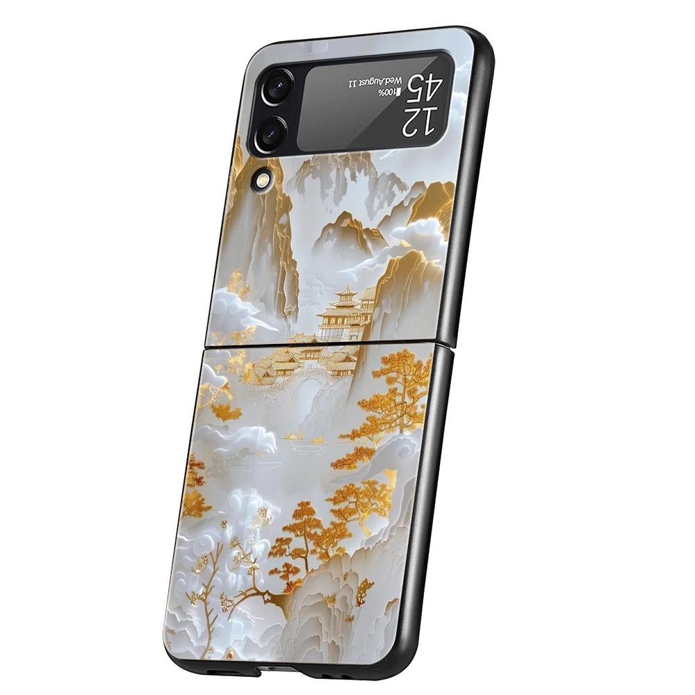 Chinese Style Landscape Hard PC Phone Case For Samsung Galaxy Z Flip 7 6 5 4 Black Cover For Galaxy Z Flip 3 Foldable Capas Bags