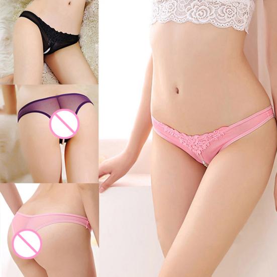Women Sexy Mesh Breathable Imitation Pearl Crotchless Panties Thong Underwear