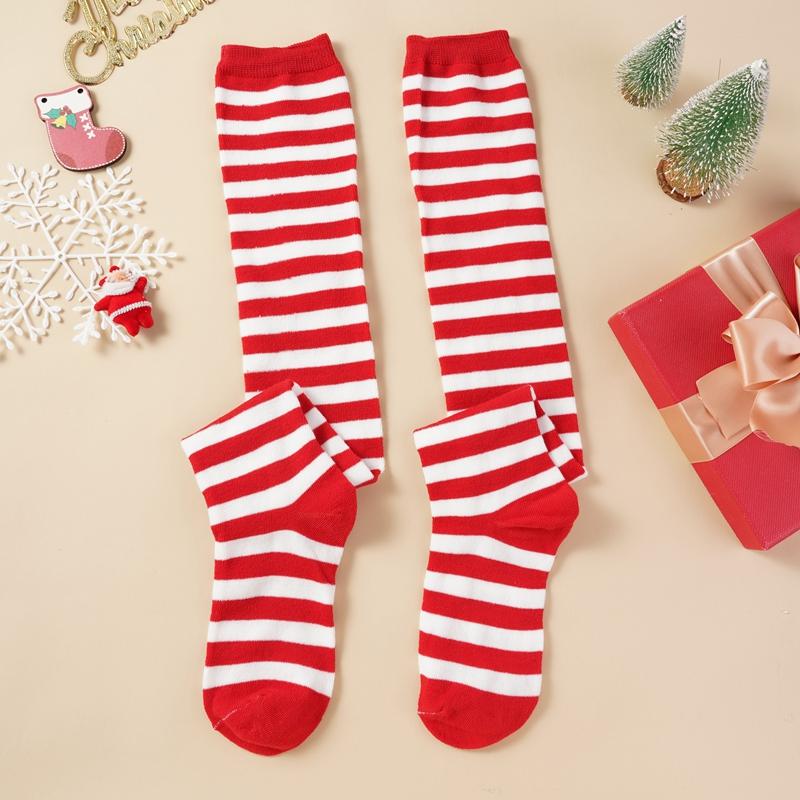 Christmas Green Red Women Cotton Stocking Striped Over The Knee Bowknot Long Socks