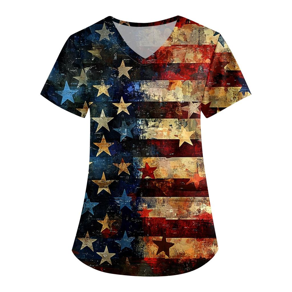 Women's Fashion V-neck Short-sleeved Work Dress With Pockets Independence Day Printed Top Carer Suit