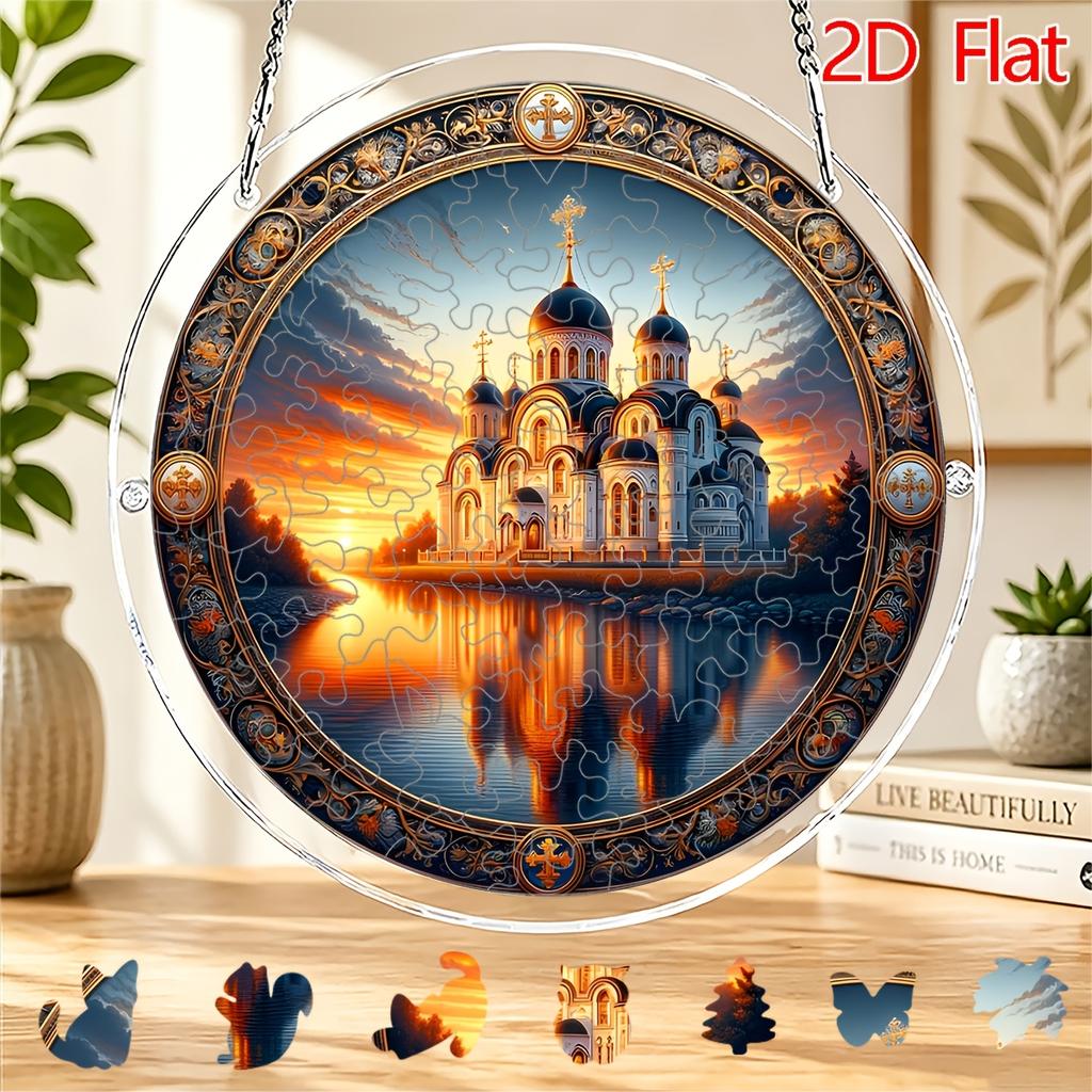 2D Flat Acrylic Puzzle Sun Catcher 83pcs, Eastern Orthodox Church Scenery Theme Sun Catcher Puzzle, Home Garden Decoration, Suitable for Christmas, Th