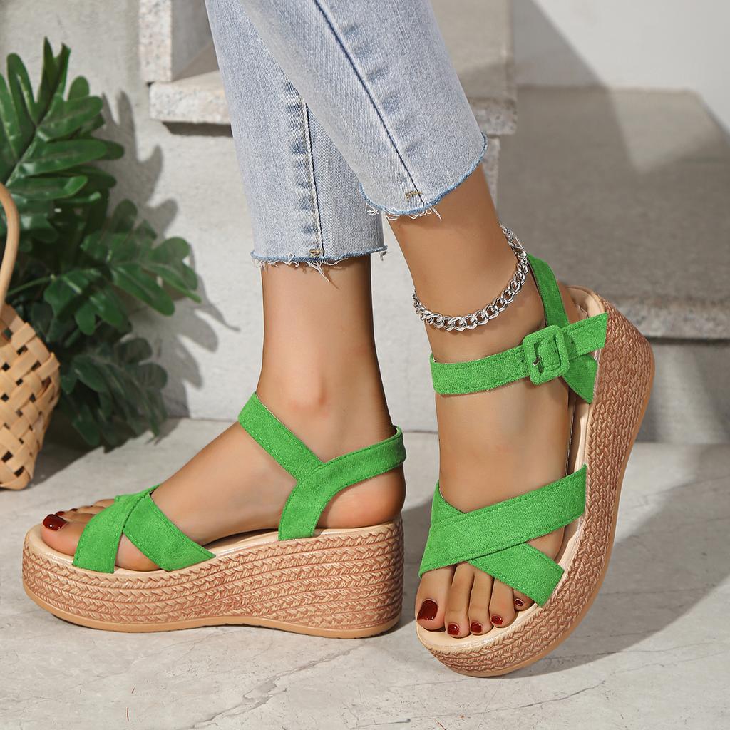 Летняя мода толстая подошва танкетка женские однотонные удобные сандалии большого размера крест сексуальный круглый носок пряжка повседневная роскошь